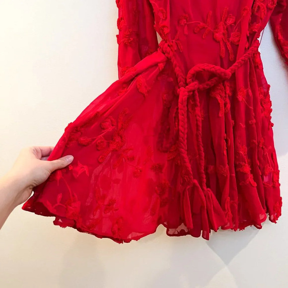 Mare Mare Red Floral Embroidered Long Sleeve Rope Tie Bohemian Mini Dress S NWT - Picture 7 of 10